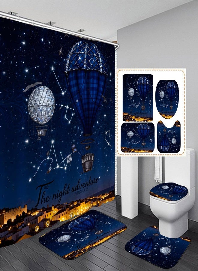 jieprom 4 Piece Starry Night Shower Curtain Set with Rugs, Blue Hot Air Balloon Adventure Art Bathroom Decor, Waterproof Fabric Curtain with Non-Slip Bath Mats & Toilet Lid Cover, Romantic Night Sky Aesthetic - Image 2