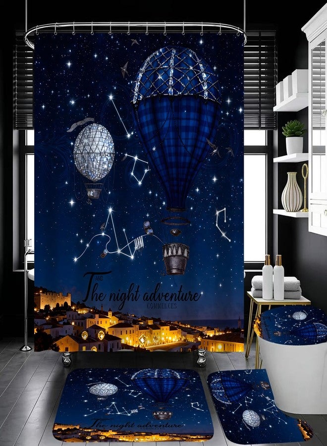 jieprom 4 Piece Starry Night Shower Curtain Set with Rugs, Blue Hot Air Balloon Adventure Art Bathroom Decor, Waterproof Fabric Curtain with Non-Slip Bath Mats & Toilet Lid Cover, Romantic Night Sky Aesthetic - Image 3