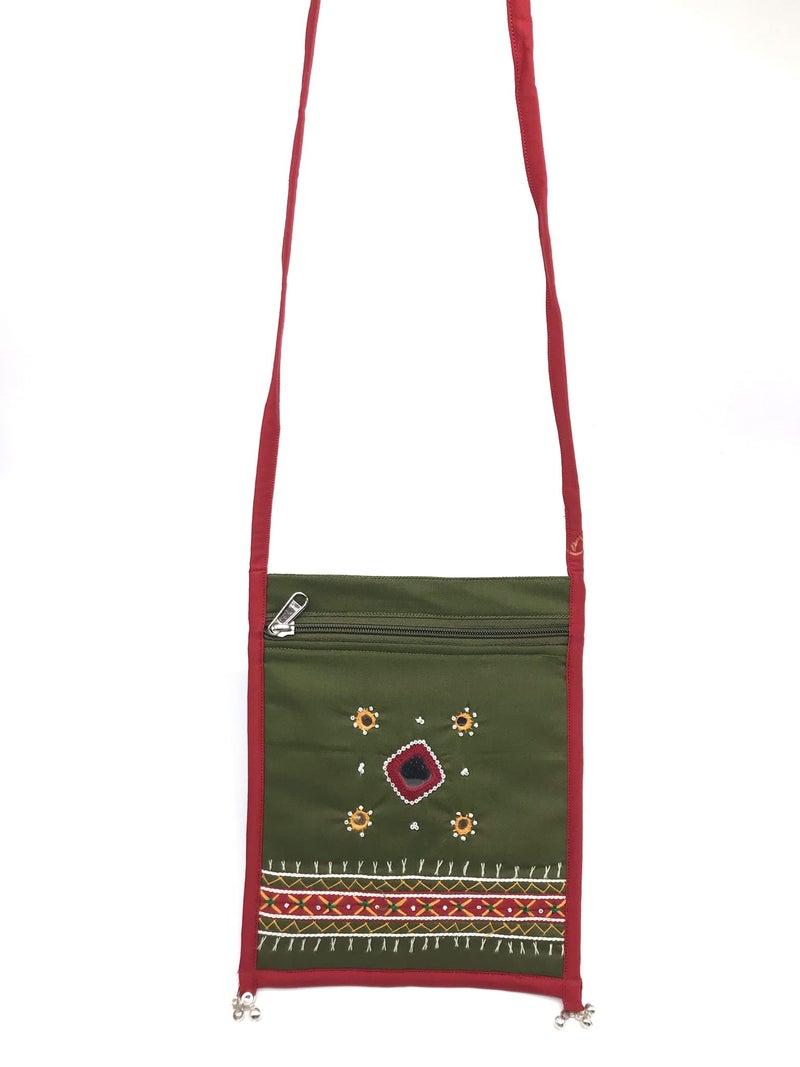 srishopify handicrafts Embroidered Latest Stylish Trendy Sling Crossbody Bag for Mobile sling bag Bag for Girls and Women Olive Green (9x7 inch Size|Small Hanging BELLS) - Image 2