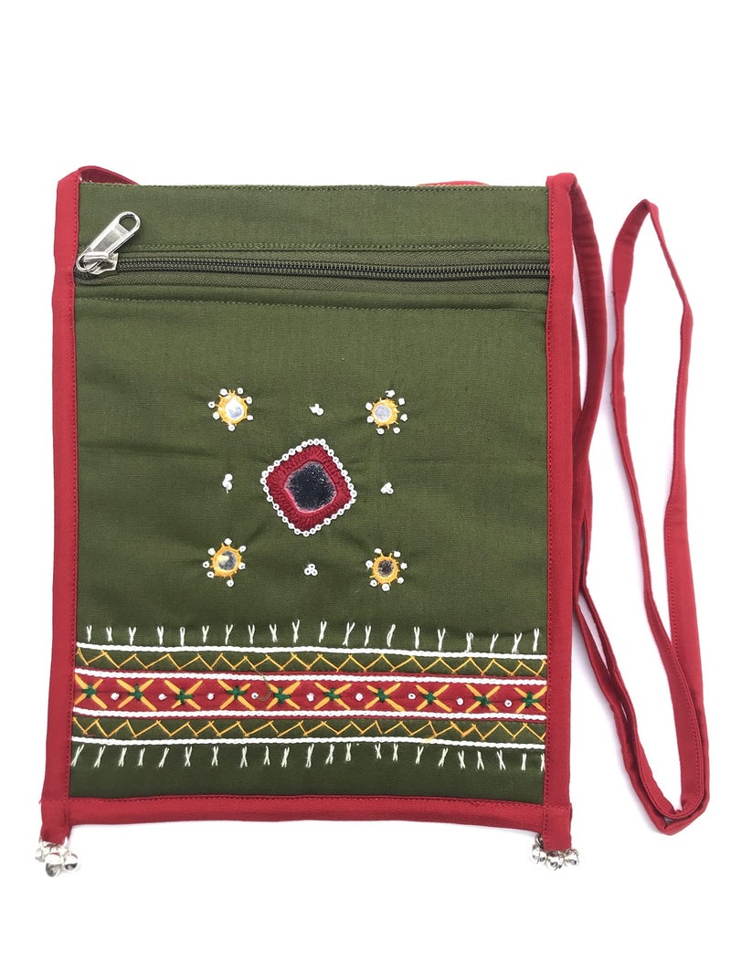 srishopify handicrafts Embroidered Latest Stylish Trendy Sling Crossbody Bag for Mobile sling bag Bag for Girls and Women Olive Green (9x7 inch Size|Small Hanging BELLS) - Image 1