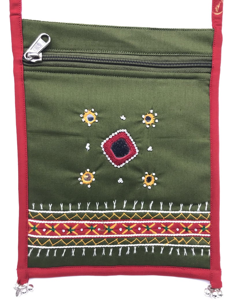 srishopify handicrafts Embroidered Latest Stylish Trendy Sling Crossbody Bag for Mobile sling bag Bag for Girls and Women Olive Green (9x7 inch Size|Small Hanging BELLS) - Image 3