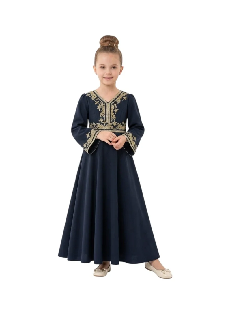 بيداني Navy Royal Gold-Embroidered Jalabiya
