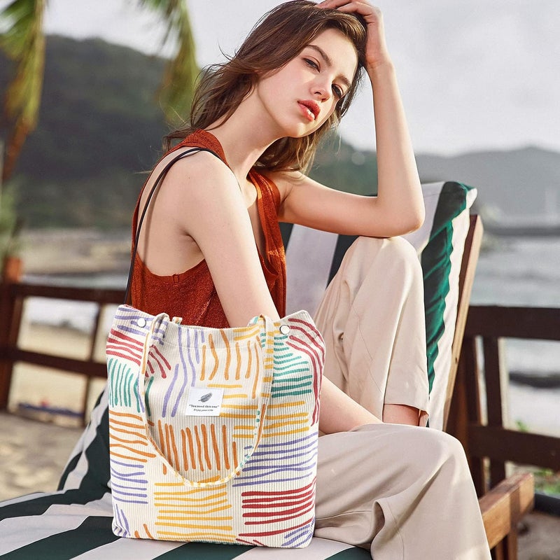 Kawn ® Women Corduroy Tote Bag Canvas Shoulder Purse Reusable Shopping Bag Grocery Bag Large Capacity Washable Handbag Girls Shoulder Bag with Inner Pocket For Daily Use Work Travel - Image 5