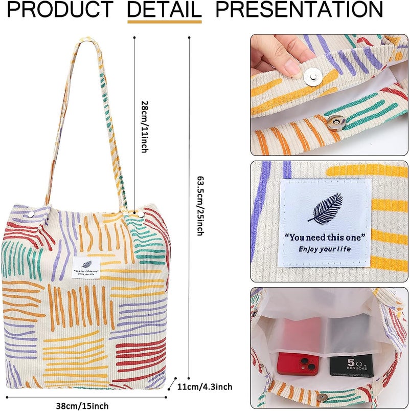 Kawn ® Women Corduroy Tote Bag Canvas Shoulder Purse Reusable Shopping Bag Grocery Bag Large Capacity Washable Handbag Girls Shoulder Bag with Inner Pocket For Daily Use Work Travel - Image 4