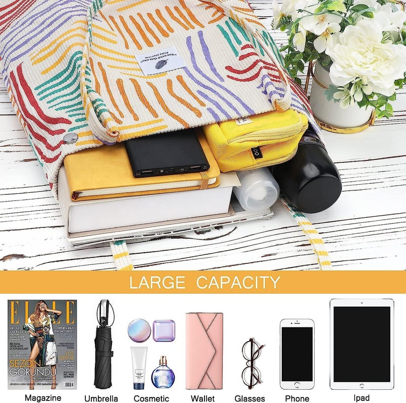 Kawn ® Women Corduroy Tote Bag Canvas Shoulder Purse Reusable Shopping Bag Grocery Bag Large Capacity Washable Handbag Girls Shoulder Bag with Inner Pocket For Daily Use Work Travel - Image 2