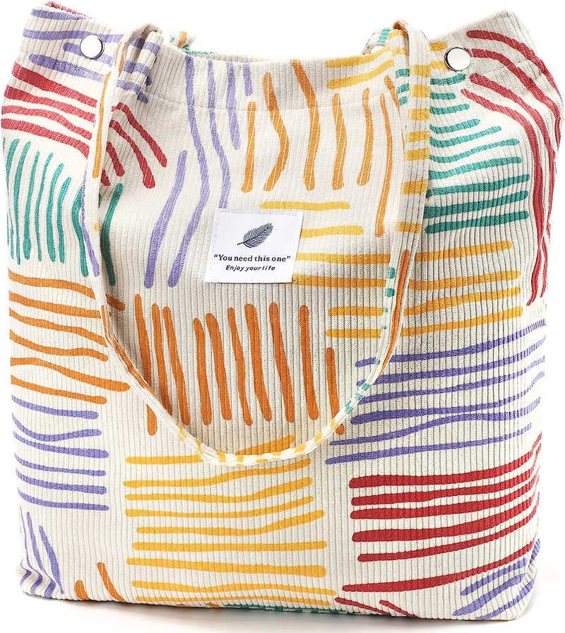 Kawn ® Women Corduroy Tote Bag Canvas Shoulder Purse Reusable Shopping Bag Grocery Bag Large Capacity Washable Handbag Girls Shoulder Bag with Inner Pocket For Daily Use Work Travel - Image 1