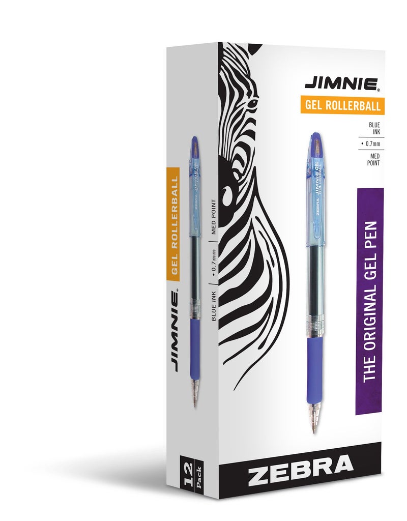 Zebra Pen Jimnie Roller Ball Gel Pen, Blue Ink, 0.7mm, Medium Point, 12-Count, Smooth Writing, Quick-Drying, Ergonomic Grip (44120) - Image 1