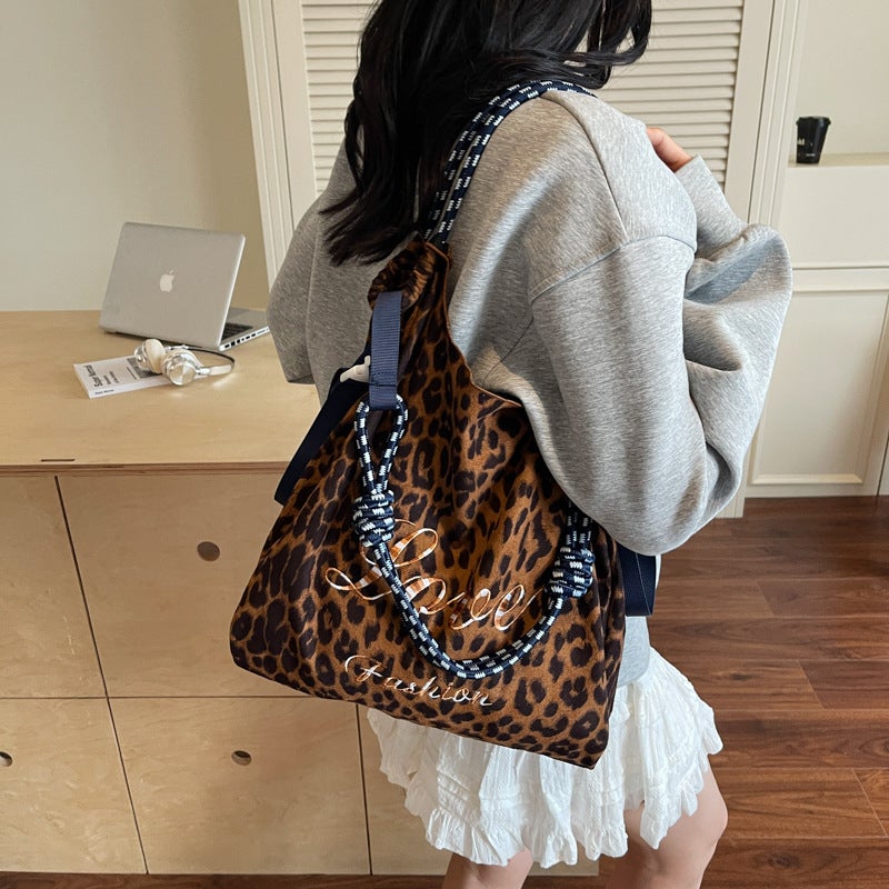 Women's Vintage Leopard Print Velvet Shoulder Tote Bag Large Capacity - Image 2