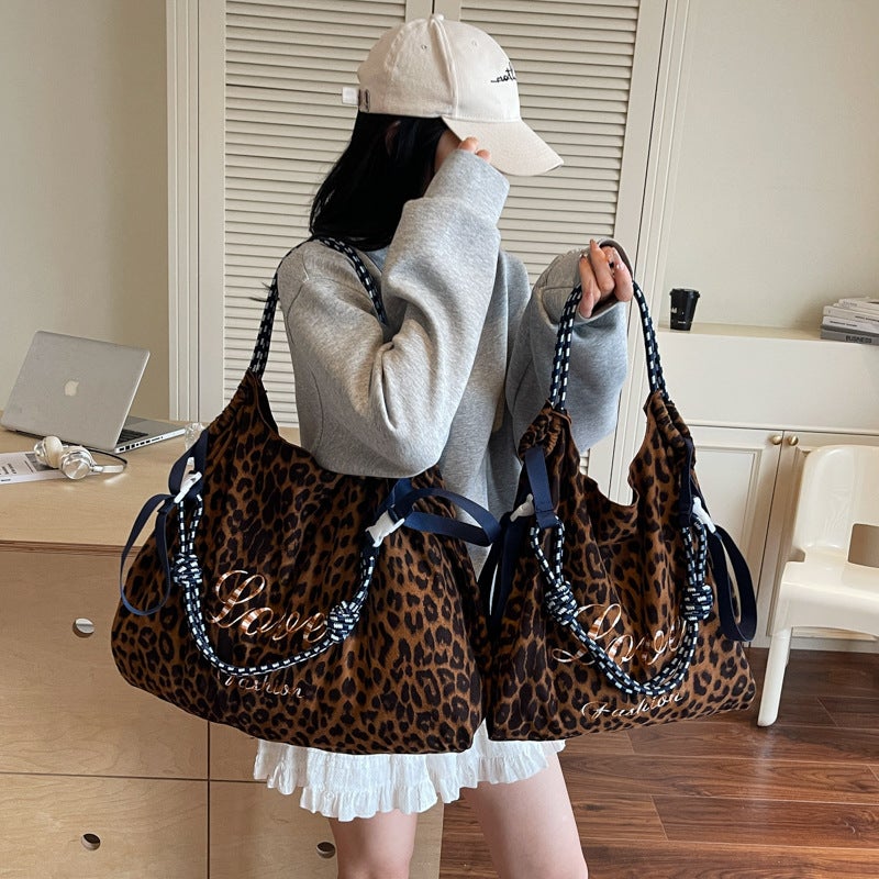 Women's Vintage Leopard Print Velvet Shoulder Tote Bag Large Capacity - Image 1