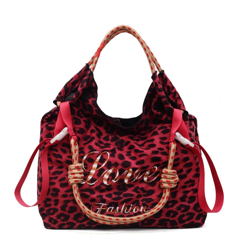 Women's Vintage Leopard Print Velvet Shoulder Tote Bag Large Capacity - Image 5