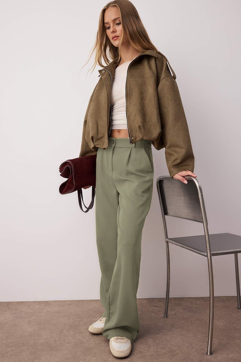 trendyol High Waist Wide Leg Pleated Fabric Pants - Light Khaki Twoaw21Pl0076 - Image 3