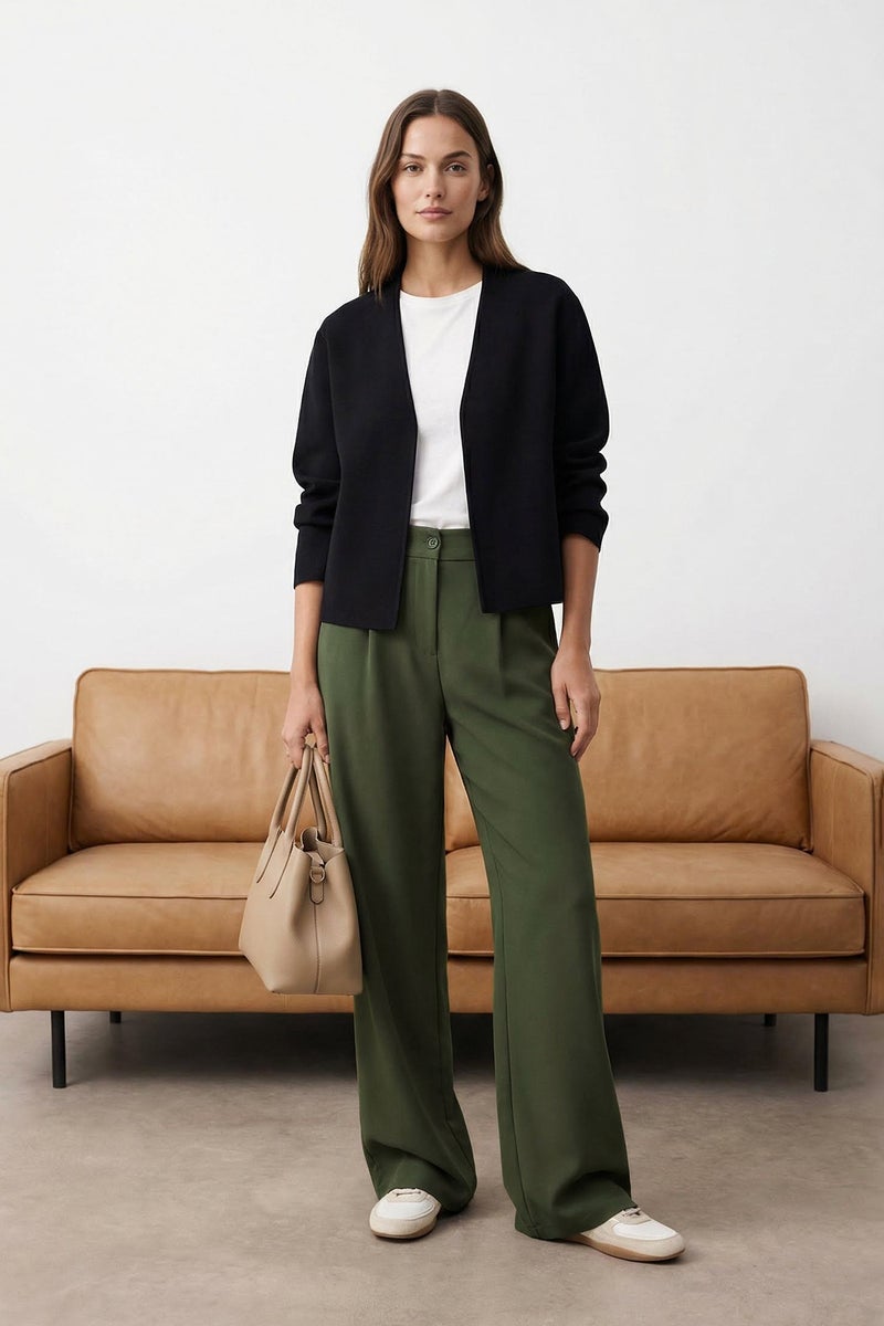 trendyol High Waist Wide Leg Pleated Fabric Pants - Light Khaki Twoaw21Pl0076 - Image 5