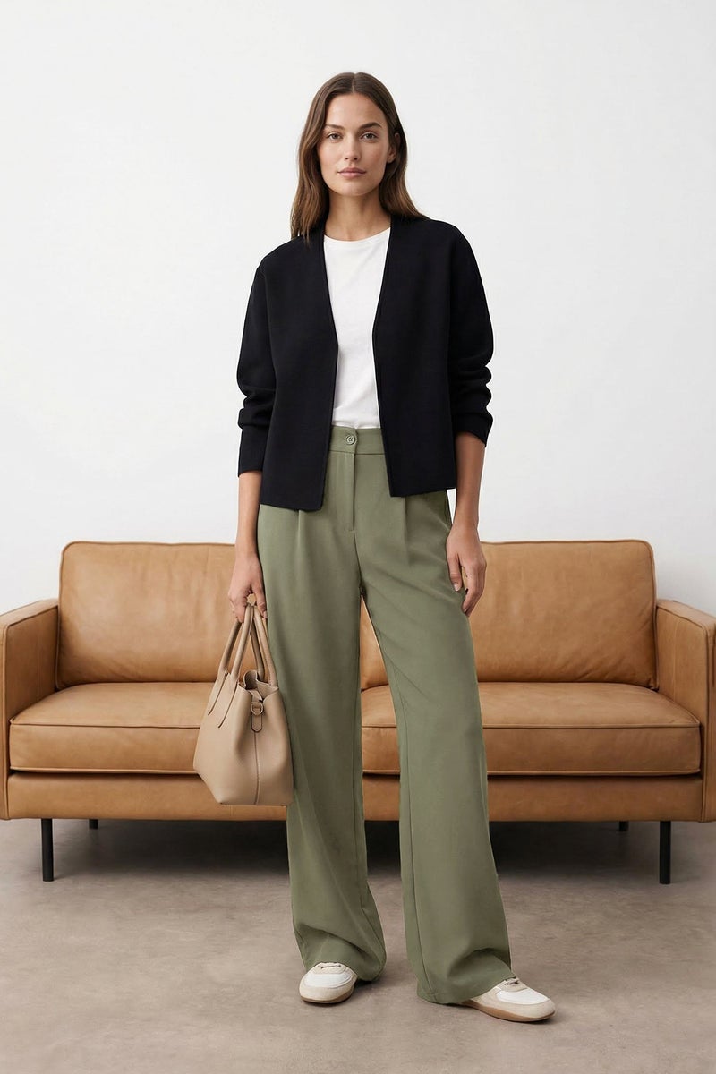 trendyol High Waist Wide Leg Pleated Fabric Pants - Light Khaki Twoaw21Pl0076 - Image 1