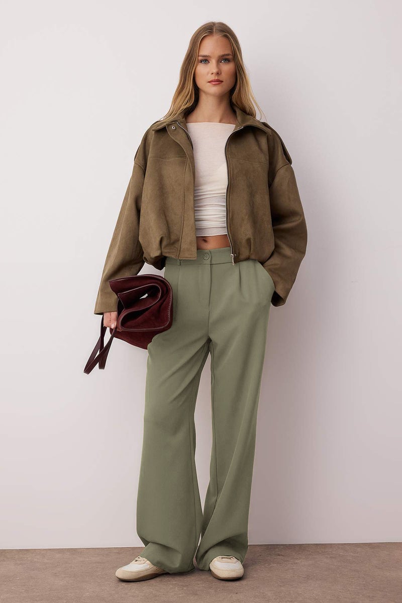 trendyol High Waist Wide Leg Pleated Fabric Pants - Light Khaki Twoaw21Pl0076 - Image 2