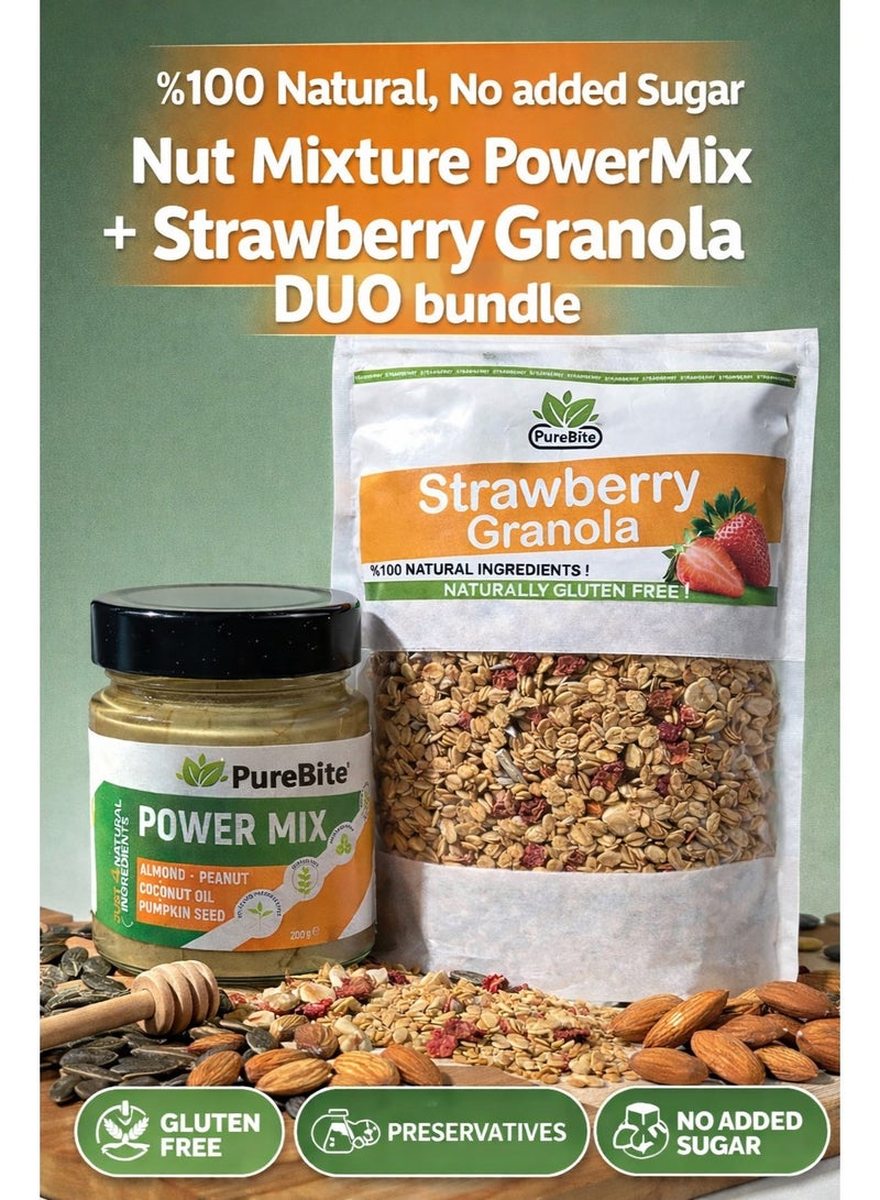 قضمة نقية باقة زبدة اللوز وجوز الهند والفول السوداني %100 طبيعية، خالية من الغلوتين، خالية من السكر، بدون مواد حافظة – 200 غرام و جرانولا الفراولة %100 طبيعية، خالية من الغلوتين، بدون سكر مضاف – 300 غرام - Image 1