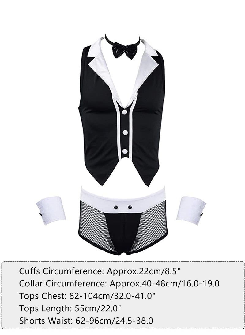 Men's Butler Waiter Cosplay Costume Tuxedo Lingerie Sets Sleeveless Shirt Boxer Briefs with Collar Cuffs - Image 3
