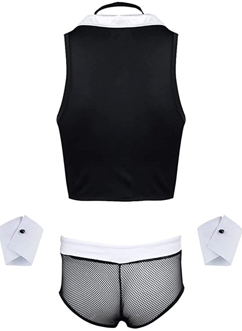 Men's Butler Waiter Cosplay Costume Tuxedo Lingerie Sets Sleeveless Shirt Boxer Briefs with Collar Cuffs - Image 2