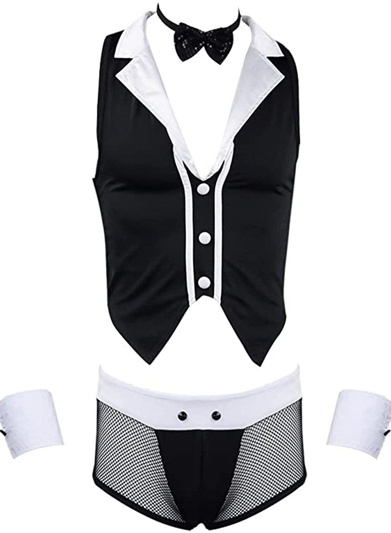Men's Butler Waiter Cosplay Costume Tuxedo Lingerie Sets Sleeveless Shirt Boxer Briefs with Collar Cuffs - Image 1