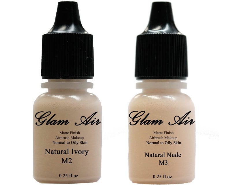 2 Two Glam Air Airbrush Makeup Foundations M2 Natural Ivory  M3 Natural Nude for Flawless Looking Skin Matte Finish For Normal to Oily Skin Water Based025oz Bottles