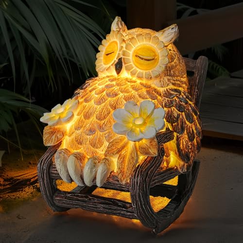 LIULO TOOL Light Up Owl on Chair Garden Sculpture LED Solar Powered Owl Lying on The Chair Cute Figurine Crafted Statue for Home Fireplace Outdoor Centerpiece Collection Decoration 3x3x4 in