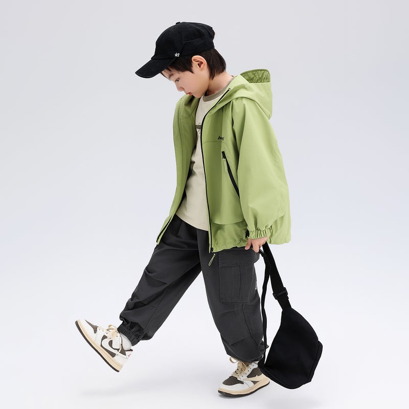 New medium and large childrens spring and autumn jacket boys jacket letter printed handsome casual hooded jacket Black  - Image 5