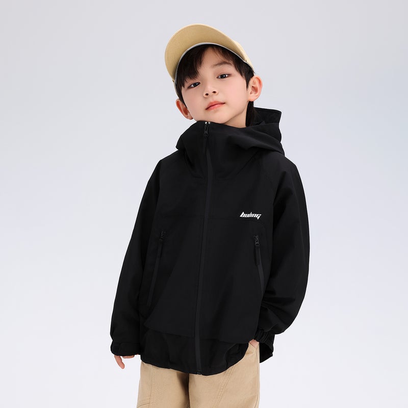 New medium and large childrens spring and autumn jacket boys jacket letter printed handsome casual hooded jacket Black  - Image 4