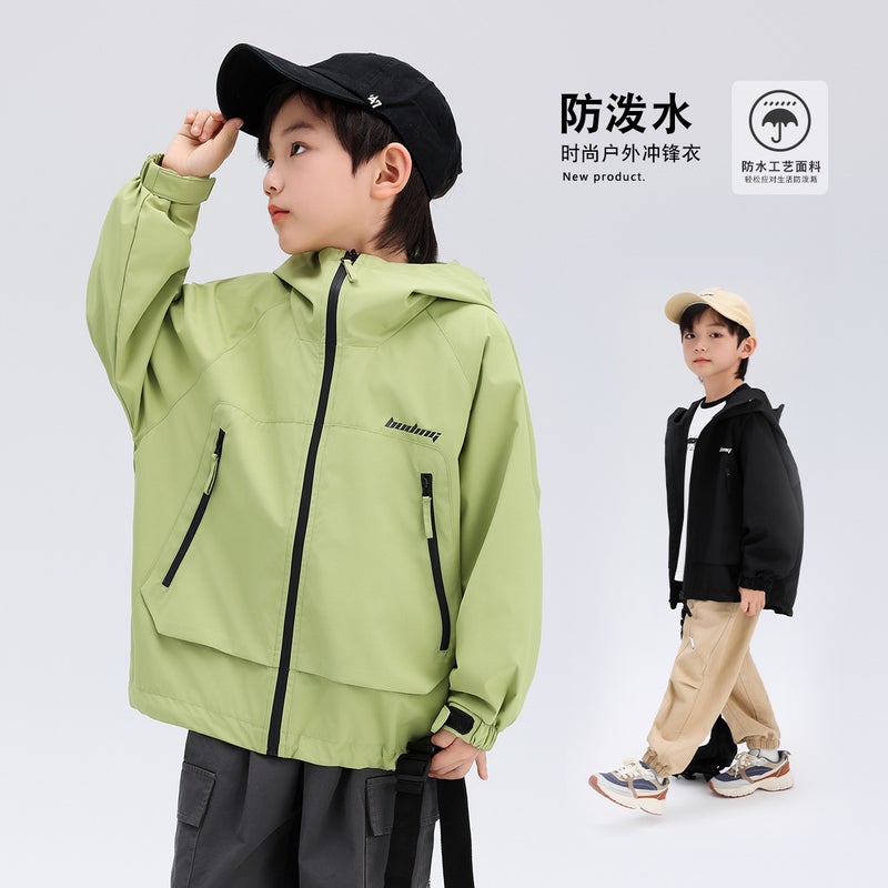 New medium and large childrens spring and autumn jacket boys jacket letter printed handsome casual hooded jacket Black  - Image 3
