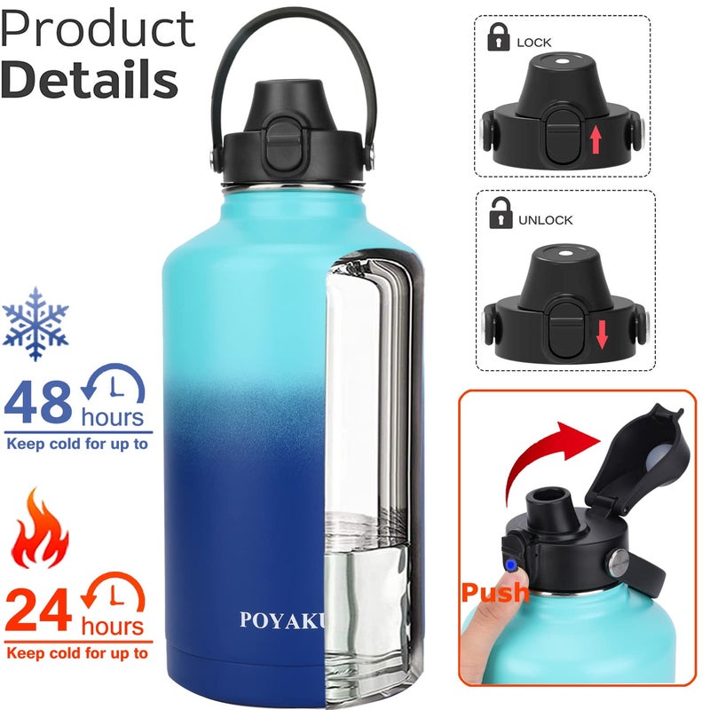 POYAKU Water Bottle Insulated 32oz 40oz 64oz 128oz Straw Lid Spout Lid & 3 Lids, Leak Proof, Vacuum Insulated,Stainless Steel Water Bottle Wide Mouth for Sports, Gym or Office (64oz Pacific Prince, 64 oz) - Image 2