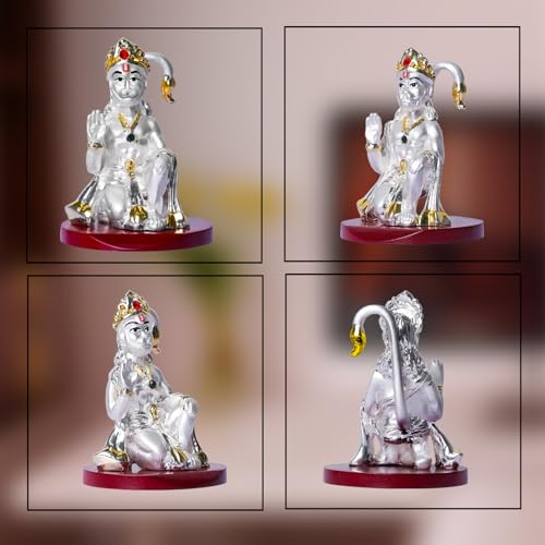 DIVINITI 999 Silver Plated Lord Hanuman Ji Idol for Car Dashboard, Home Decor Showpiece, Puja|Religious Statue for Peace and Prosperity|Luxury Sculptures for Table Decor, Gift, Festival 6cmx6cmx9cm - Image 3