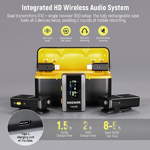 NEEWER CM28 (1 RX + 2 TX + Charging Case), Wireless Lavalier Microphone, Smart Noise Cancelling, 48KHz/16Bit 9 Hrs Uncompressed Recording, 656ft/200m Range, Lav Mic for iPhone, Android, Camera - Image 3