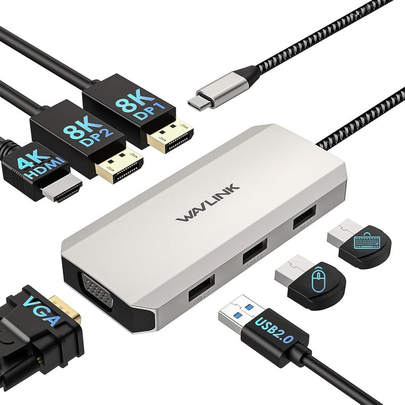 WAVLINK USB C Laptop Docking Station Quad Monitor, 7-in-1 Multiport Adapter with 4K HDMI, 8K DP1/2, VGA, 3xUSB2.0, for Dell/HP/Lenovo/Thinkpad, Compatible with Mac/Windows/Chrome OS/Linux/Android/iOS - Image 1