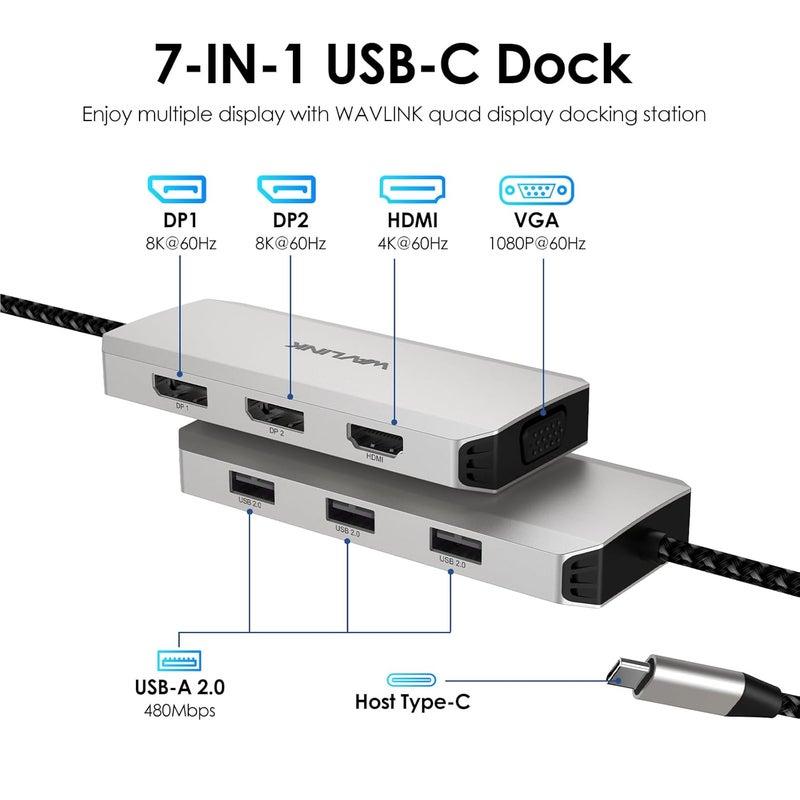 WAVLINK USB C Laptop Docking Station Quad Monitor, 7-in-1 Multiport Adapter with 4K HDMI, 8K DP1/2, VGA, 3xUSB2.0, for Dell/HP/Lenovo/Thinkpad, Compatible with Mac/Windows/Chrome OS/Linux/Android/iOS - Image 2
