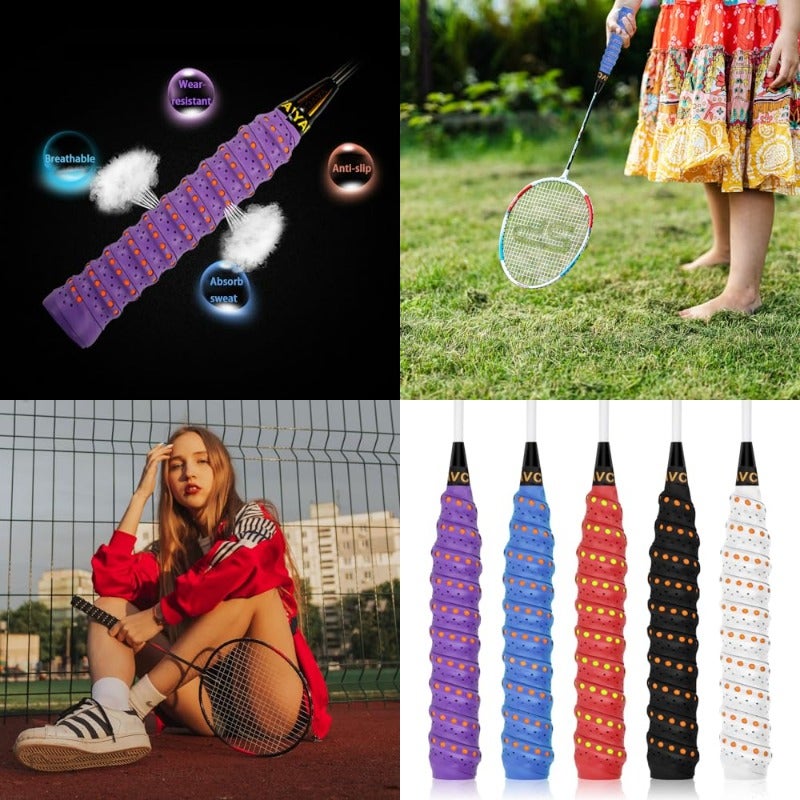 Azonee 5 Pack PU Racquet Grip Super Absorbent Tennis Badminton Squash Rackets Overgrip Anti Slip Perforated Racket Grips Non-Slip Handle Grip Tape - Image 1