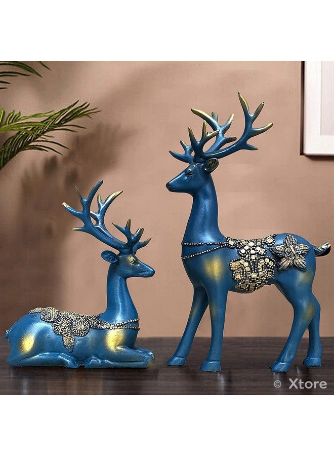 Xtore Creative Resin Golden Reindeer Sculptures | Beautiful Home Decor | Lifts up Energy of Your Room - (Pack of 2, Blue) - Image 1