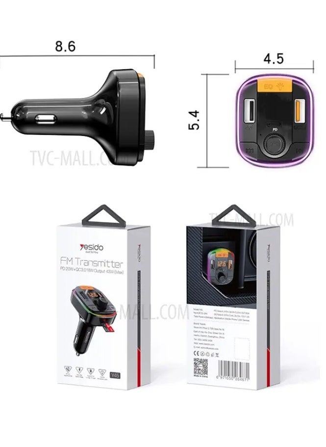 Yesido - YESIDO Y45 Bluetooth 5.0 Wireless FM Transmitter PD + QC 3.0 Dual USB Car Charger with Colorful Light - Image 1