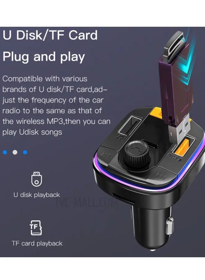 Yesido - YESIDO Y45 Bluetooth 5.0 Wireless FM Transmitter PD + QC 3.0 Dual USB Car Charger with Colorful Light - Image 1