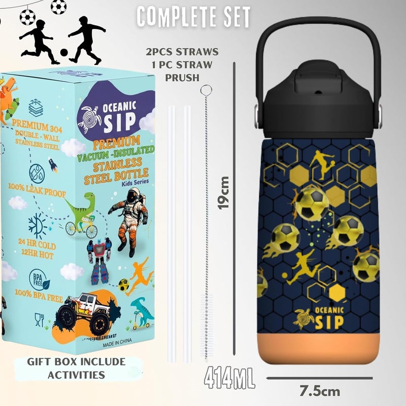 OCEANIC 550ml Boys Football Premium Stainless Steel Water Bottle with Straw – Leak-Proof, Double-Wall Vacuum Insulated, BPA-Free Kids Flask for School & Sports (Football 414ml) - Image 2