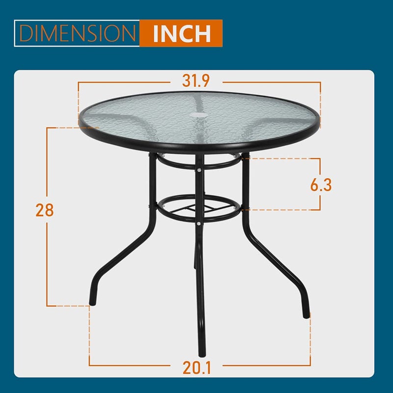 FDW 32in Outdoor Table Patio Dining Table Outdoor Dining Table with Umbrella Hole Round Tempered Glass for Yard Bistro Lawn Balcony - Image 3