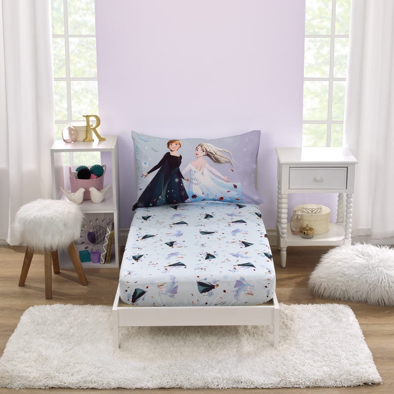NoJo Disney Frozen Winter Cheer Lavender Aqua and White Anna Elsa and Olaf 2 Piece Toddler Sheet Set Fitted Bottom Sheet and Reversible Pillowcase