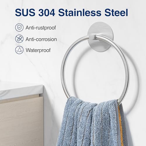 susswiff Nickel Brushed Bathroom Towel Ring - SUS304 Stainless Steel Bathroom Towel Rack, Susswiff Adhesive Wall Mounted Hand Towels Holder, Towel Hanger for Bathroom Organizer, Kitchen Storage - Image 2