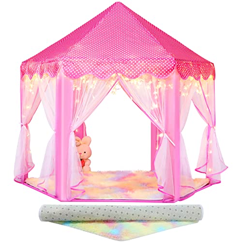 Senodeer Princess Tent with Rainbow Rug Little Star Lights for Girls Pink Play Tent for Kids Girls Toys Set for Indoor Princess Games Decor Princess Castle Playhouse - Image 1