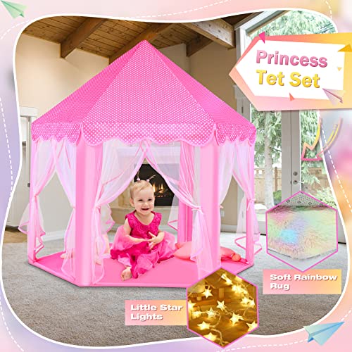 Senodeer Princess Tent with Rainbow Rug Little Star Lights for Girls Pink Play Tent for Kids Girls Toys Set for Indoor Princess Games Decor Princess Castle Playhouse - Image 5