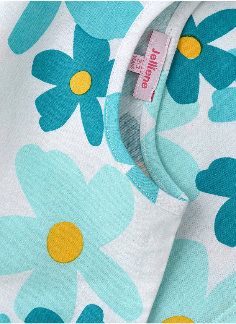 Jelliene Aqua Blue Floral Cotton Tee for Girls  - Image 4