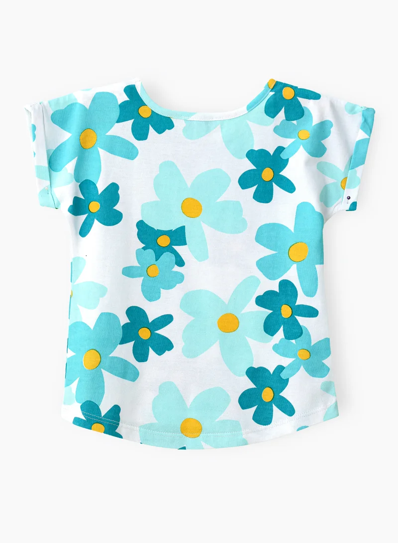 Jelliene Aqua Blue Floral Cotton Tee for Girls