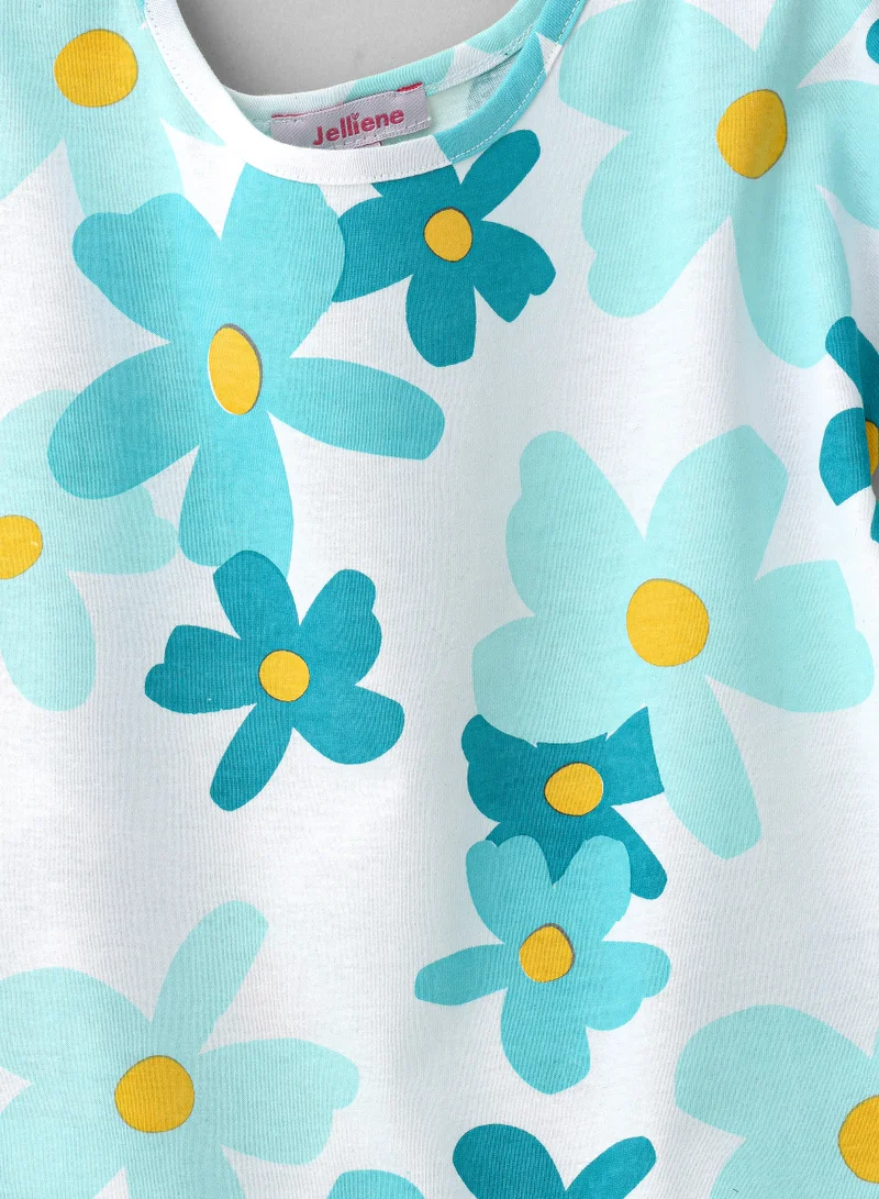 Jelliene Aqua Blue Floral Cotton Tee for Girls
