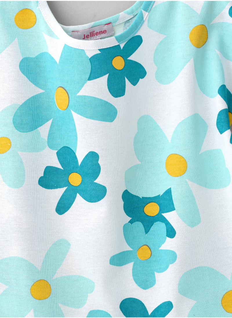 Jelliene Aqua Blue Floral Cotton Tee for Girls  - Image 3