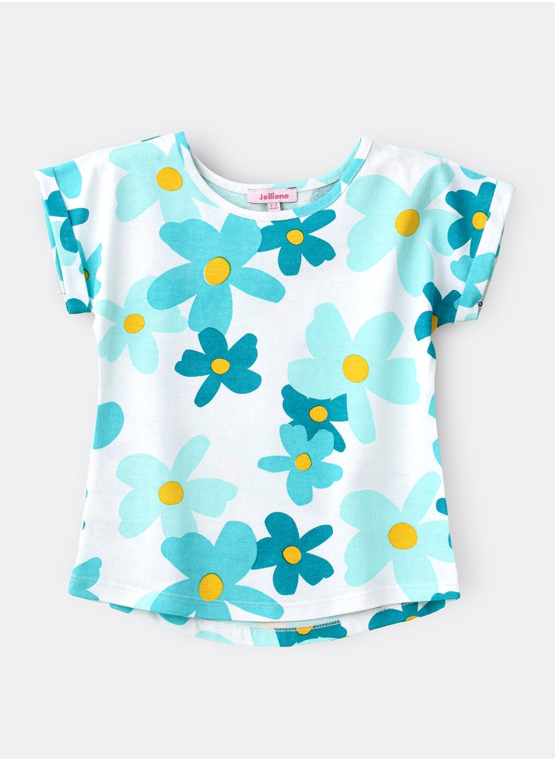 Jelliene Aqua Blue Floral Cotton Tee for Girls  - Image 1