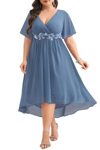 Talisea Dusty Blue Dress Wedding Guest Dresses Plus Size Formal Mother of Bride Bridesmaid Chiffon V Neck Sleeve High Low Women - Image 2