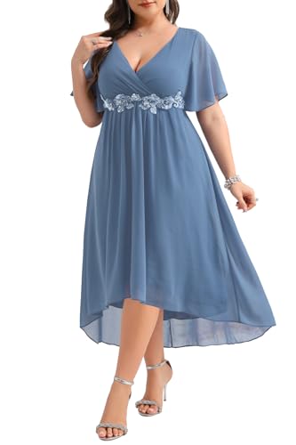 Talisea Dusty Blue Dress Wedding Guest Dresses Plus Size Formal Mother of Bride Bridesmaid Chiffon V Neck Sleeve High Low Women - Image 1