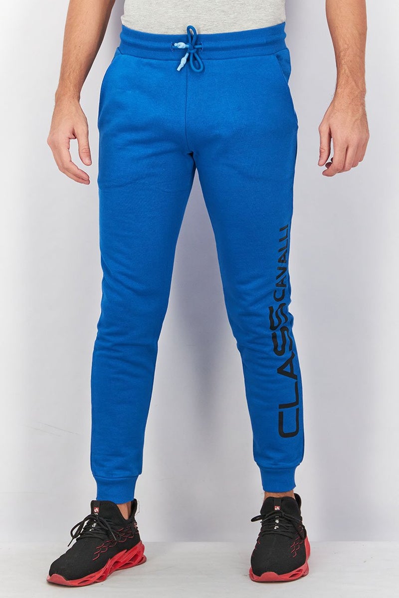 Cavalli Class Men Regular Fit Brand Logo Drawstring Jogger Pants, Blue - Image 1